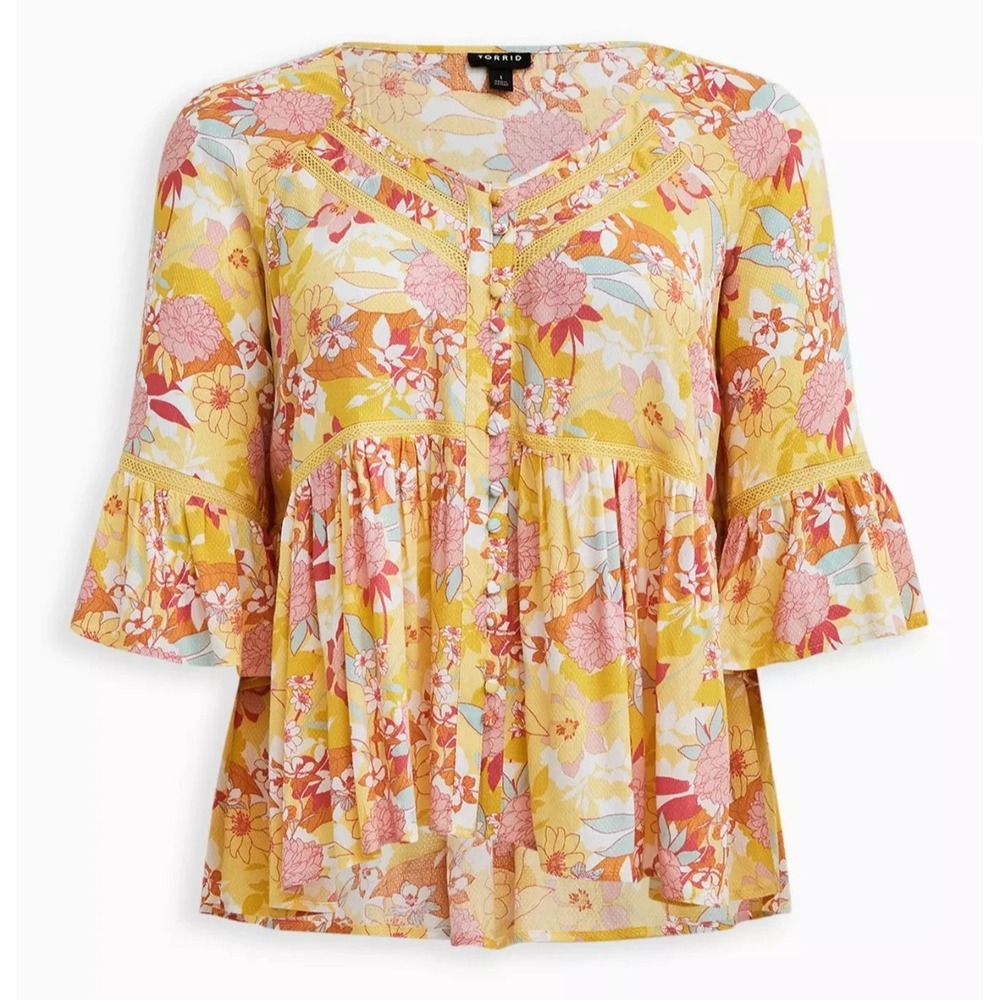 ✨2/$20 Torrid Rayon Embroidered Bell Sleeve Top Floral Yellow Plus Size 3X *Flaw - Picture 13 of 15